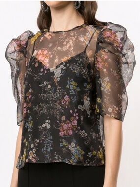 cinq a sept black sheer floral puff-sleeve blouse Size M
